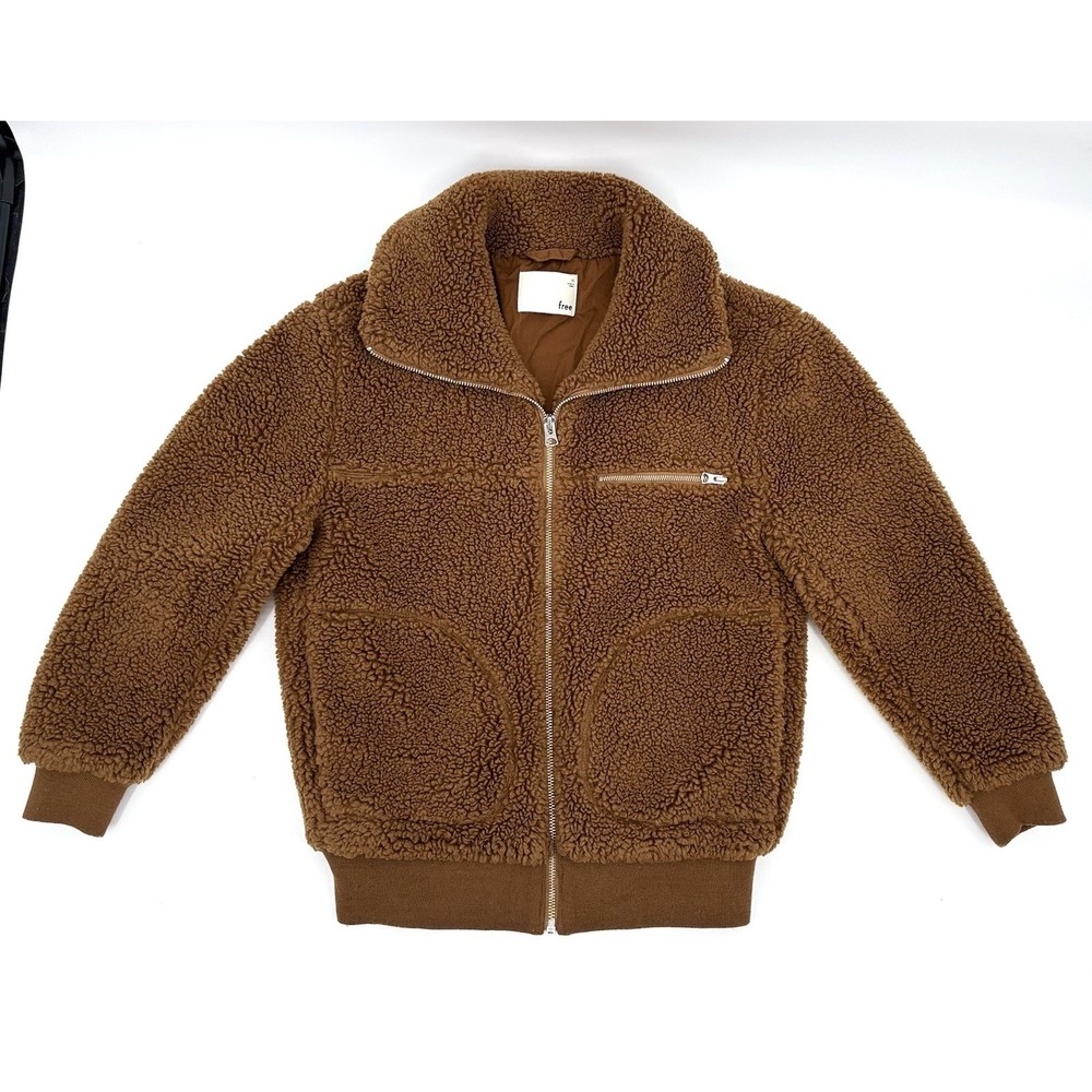 Wilfred Free Teddy Bomber Jacket Size XS Brown Sherpa Fleece Zip Pockets Aritzia
